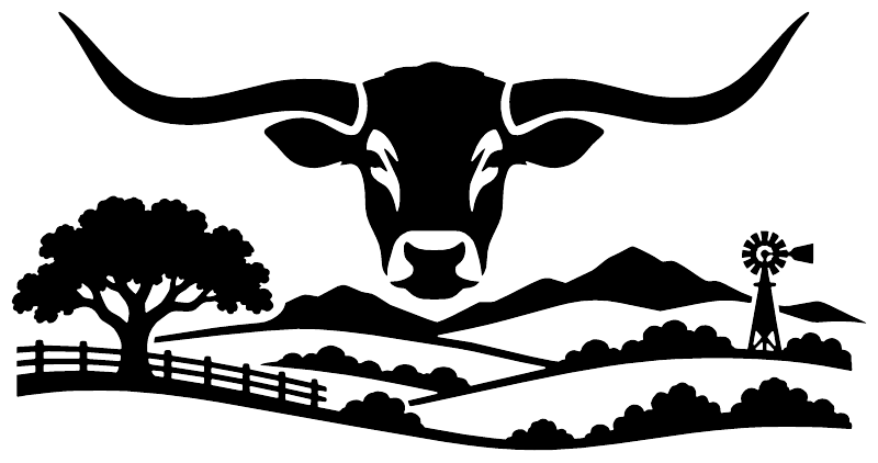 Black longhorn horizon ranch vinyl decal with fence, tree, and sun