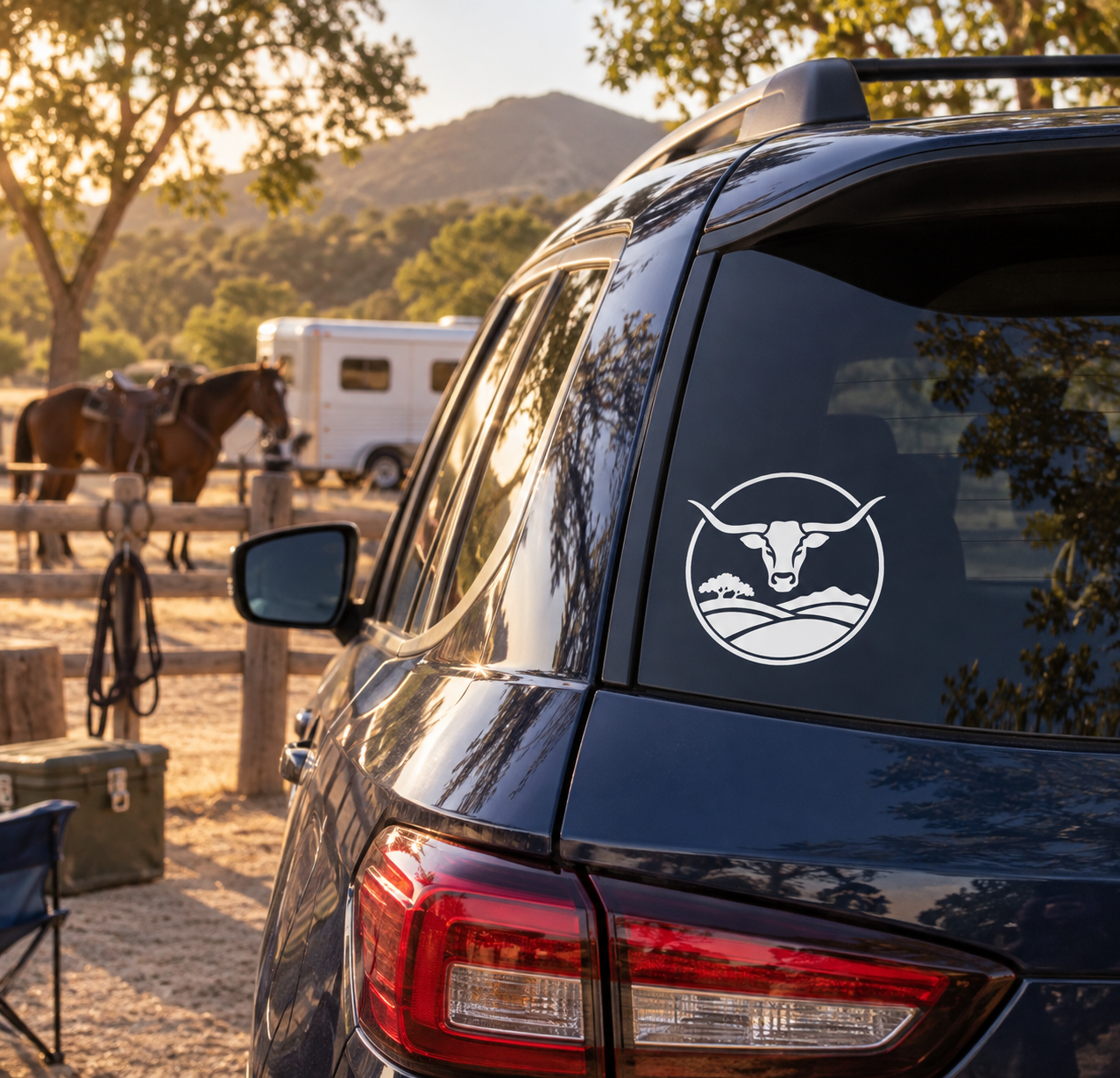 Longhorn crest vinyl decal on dark car rear window