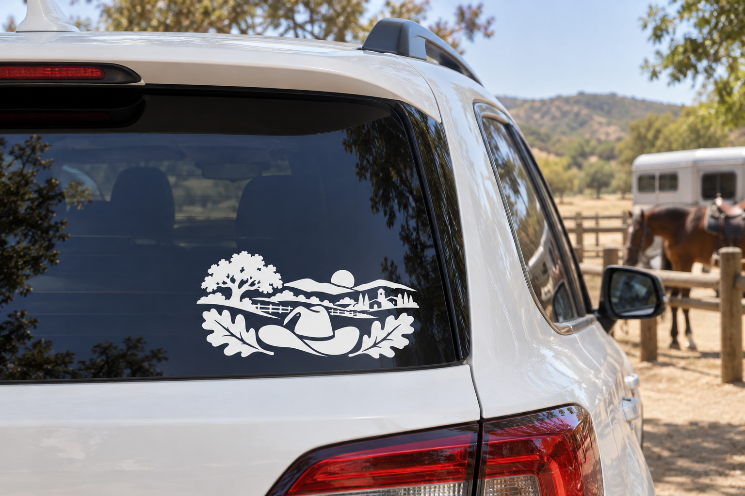 White vinyl car decal with cowboy hat, oak tree, and ranch landscape on window