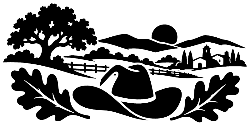 Black vinyl decal with cowboy hat, oak tree, and horse-riding ranch landscape