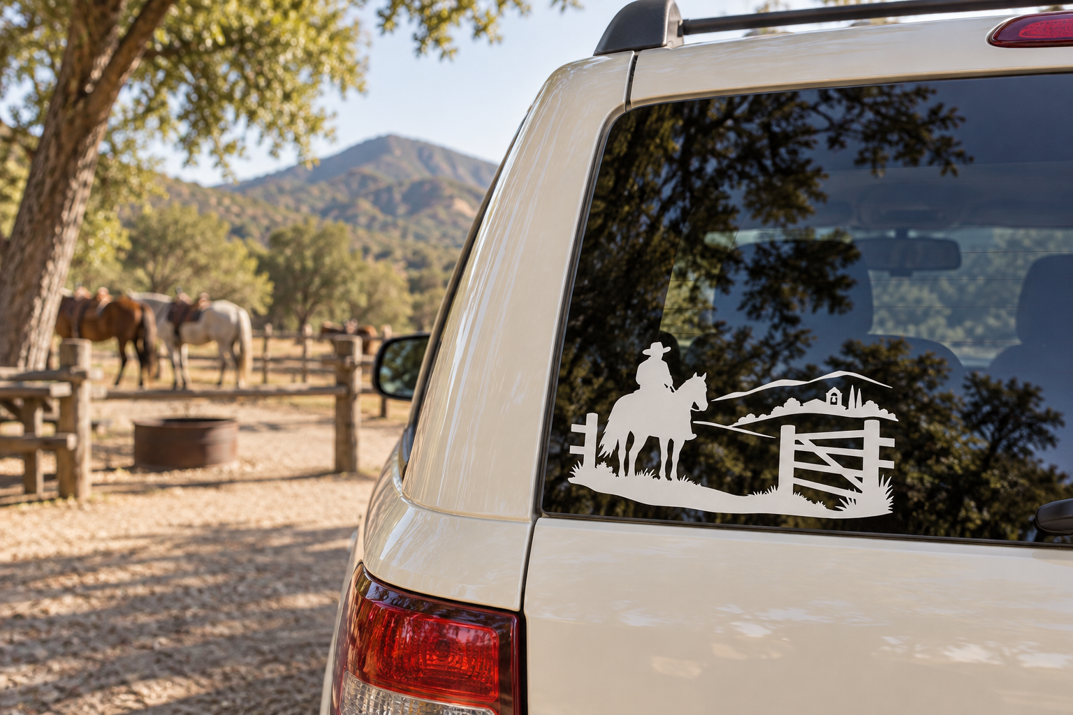 White vinyl ranch horseback icon decal on car rear window, horse and rider by barn