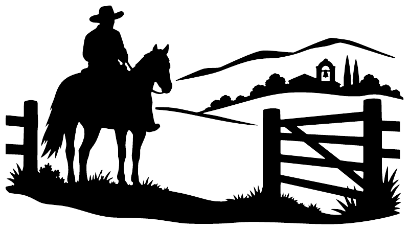 Black silhouette vinyl decal of cowboy on horse beside barn, hills and farmhouse scene