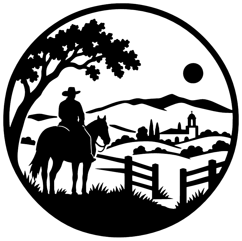 Round ranch horse crest vinyl decal graphic, black silhouette on white circle.