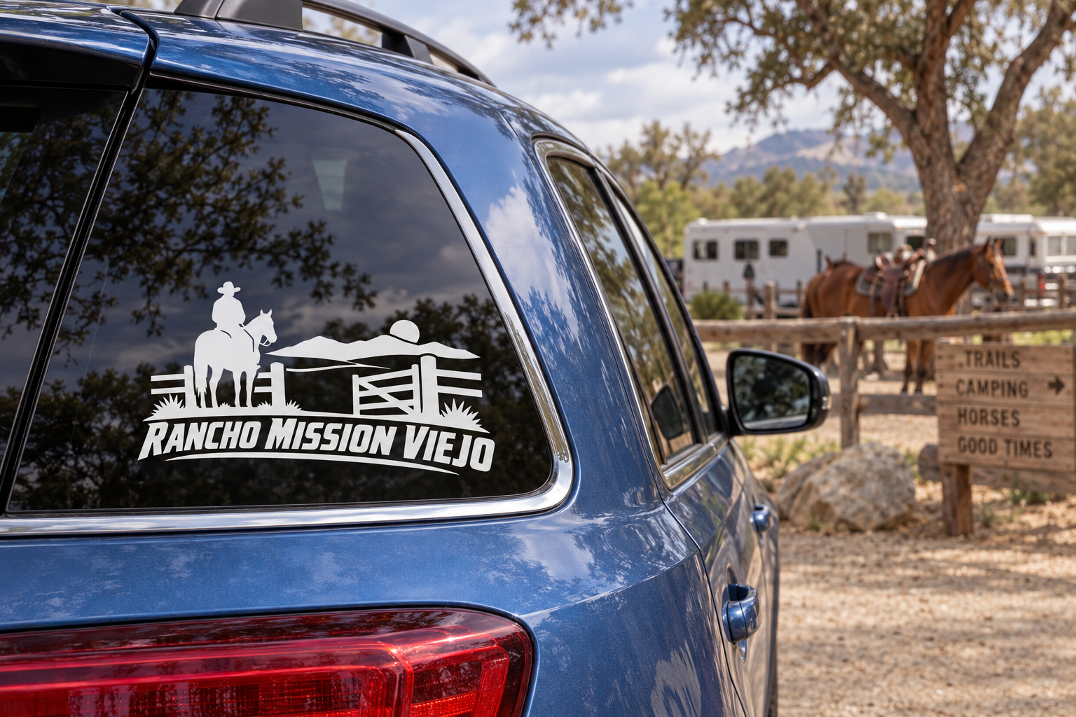Rancho Mission Viejo ranch horse vinyl decal with rider silhouette and wordmark