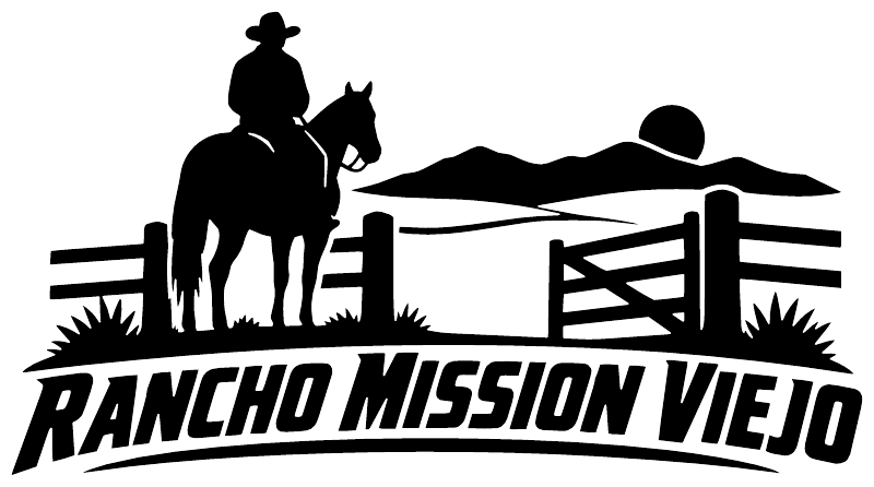 Rancho Mission Viejo ranch horseback vinyl decal graphic with barn, horse, and wordmark