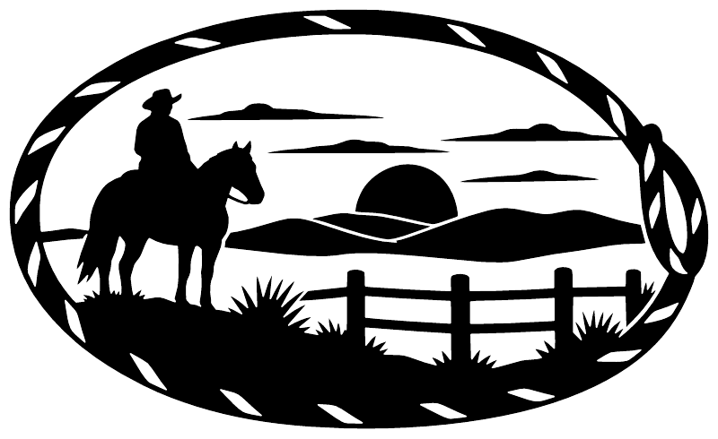 Black-and-white oval vinyl decal with cowboy, horse, fence and road landscape