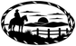 Black-and-white oval vinyl decal with cowboy, horse, fence and road landscape
