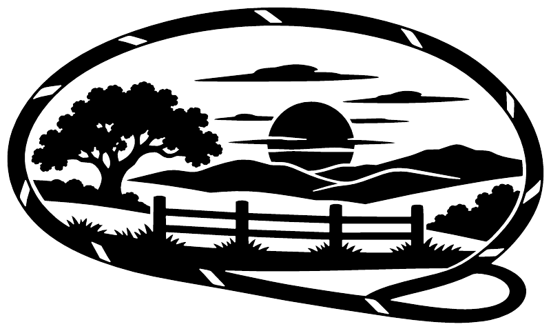 Black-and-white oval vinyl decal with tree, sun, hills, fence, and lasso loop