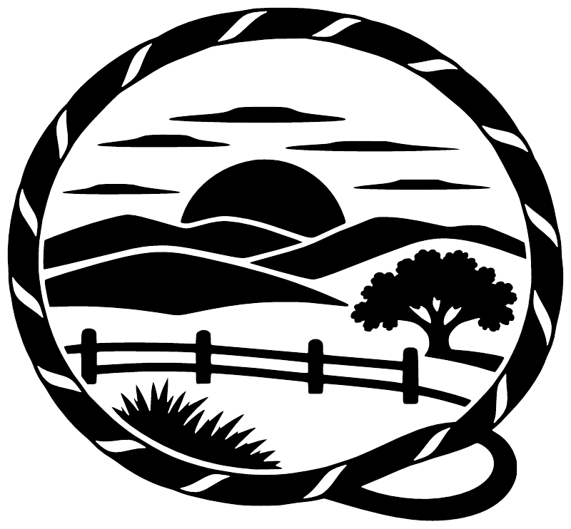 Vinyl decal: black-and-white circular ranch scene with fence, tree, mountains.