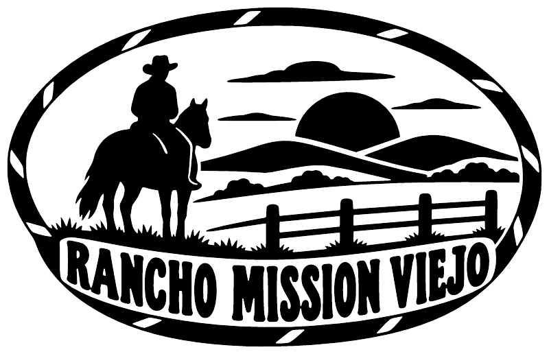 Oval black-and-white Rancho Mission Viejo vinyl decal with cowboy and ranch bridge.