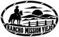 Oval black-and-white Rancho Mission Viejo vinyl decal with cowboy and ranch bridge.