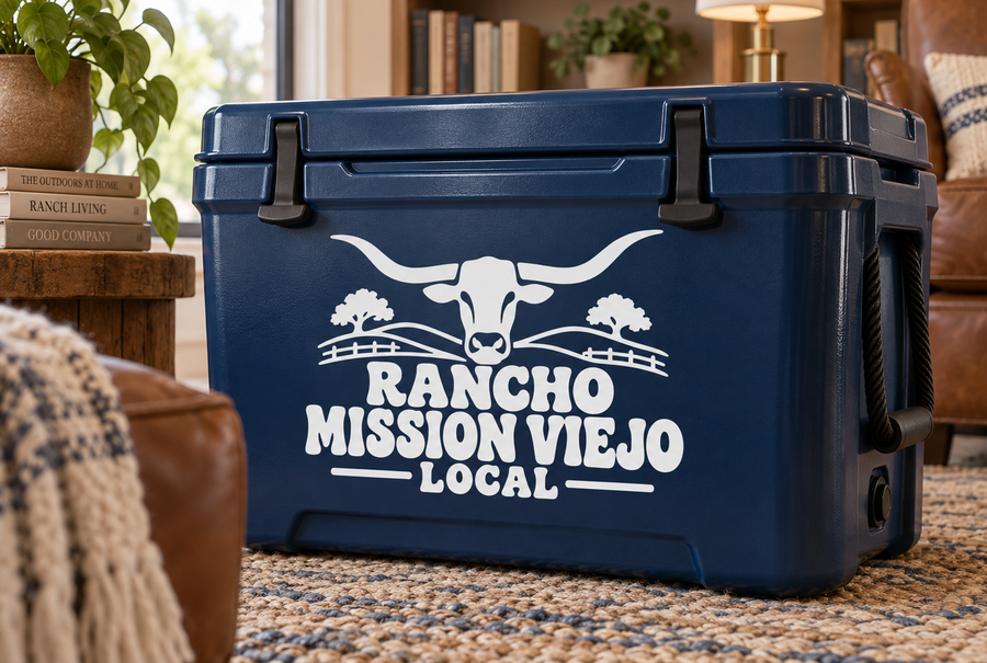 Rancho Mission Viejo Local Pride vinyl decal on blue cooler with bull and text