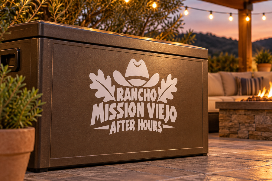 Vinyl decal featuring Rancho Mission Viejo After Hours lettering on a dark surface