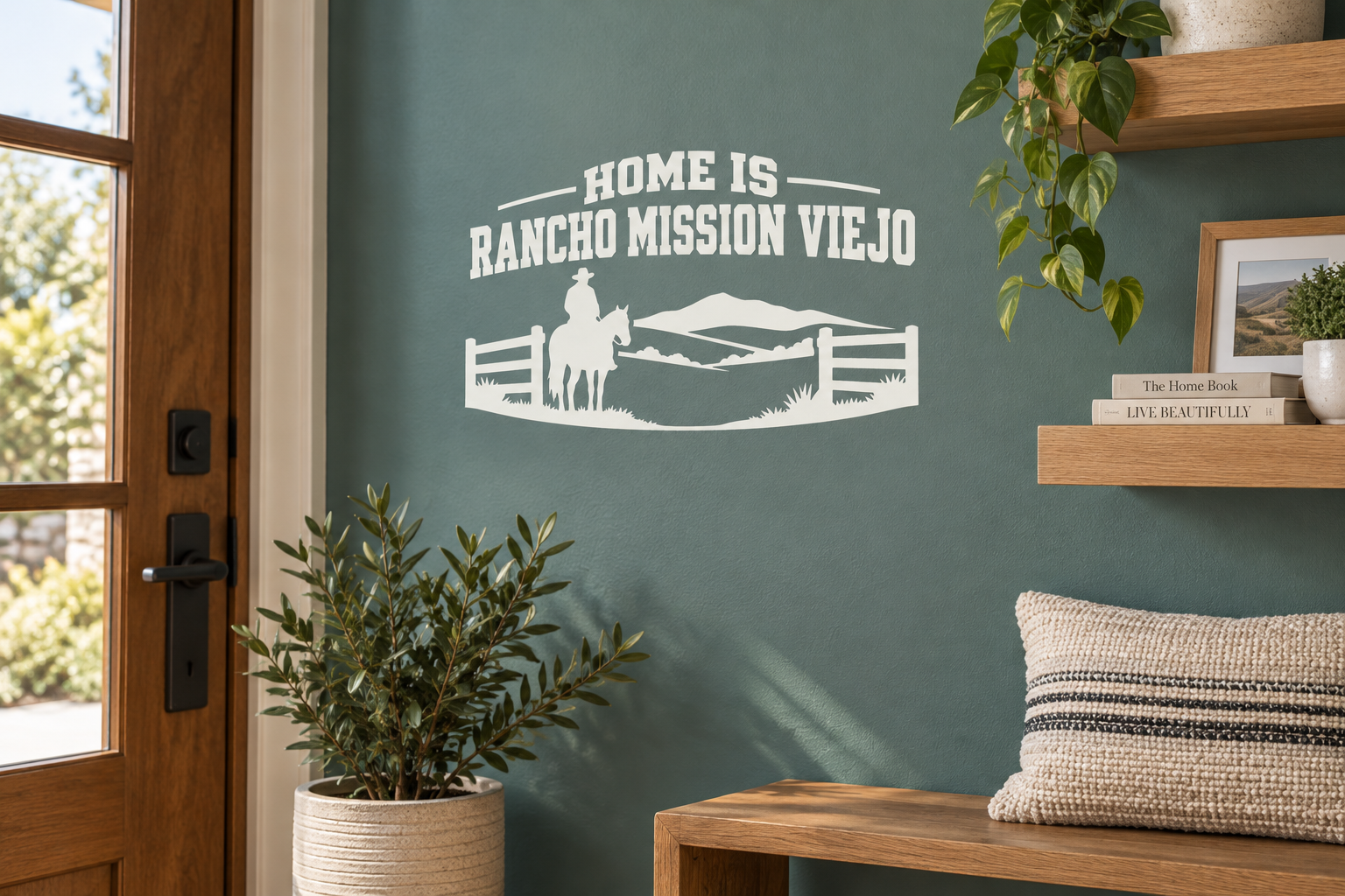 White "HOME IS RANCHO MISSION VIEJO" lettering vinyl decal with ranch silhouette