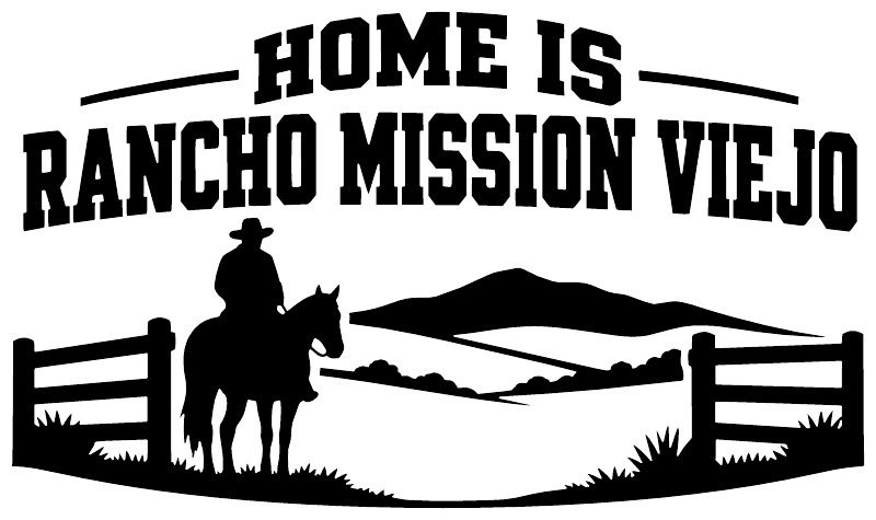 Black "HOME IS RANCHO MISSION VIEJO" lettering vinyl decal with ranch silhouette