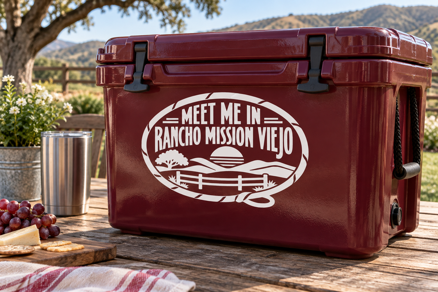 Red-and-white oval lettering vinyl decal: Meet Me in Rancho Mission Viejo