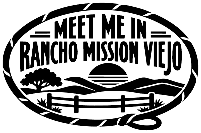 Oval black-and-white vinyl decal with 'MEET ME IN RANCHO MISSION VIEJO' lettering