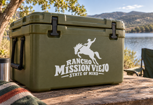 Vinyl decal: horse rider silhouette with Rancho Mission Viejo State of Mind lettering