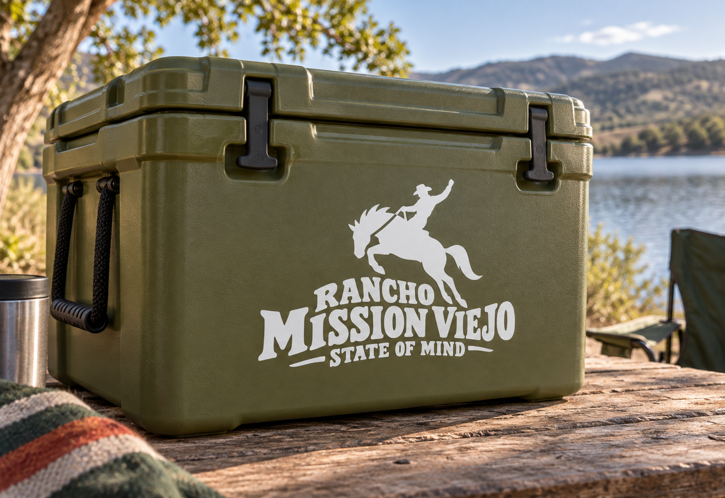 Vinyl decal: horse rider silhouette with Rancho Mission Viejo State of Mind lettering