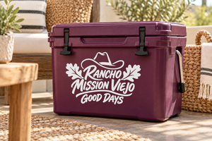Maroon cooler with white Rancho Mission Viejo Good Days vinyl decal logo
