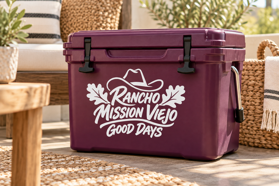 Maroon cooler with white Rancho Mission Viejo Good Days vinyl decal logo