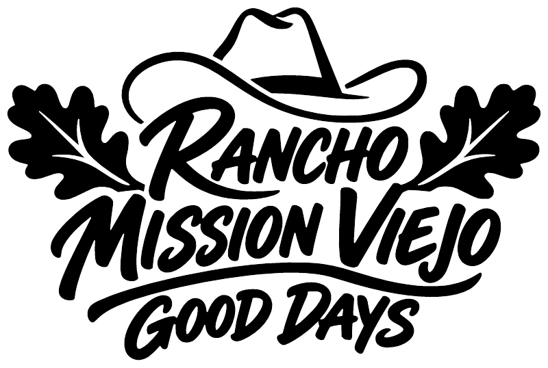 Black-and-white vinyl decal logo: Rancho Mission Viejo Good Days with cowboy hat