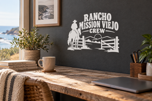 White Rancho Mission Viejo Crew vinyl decal with cowboy silhouette and fence landscape graphic