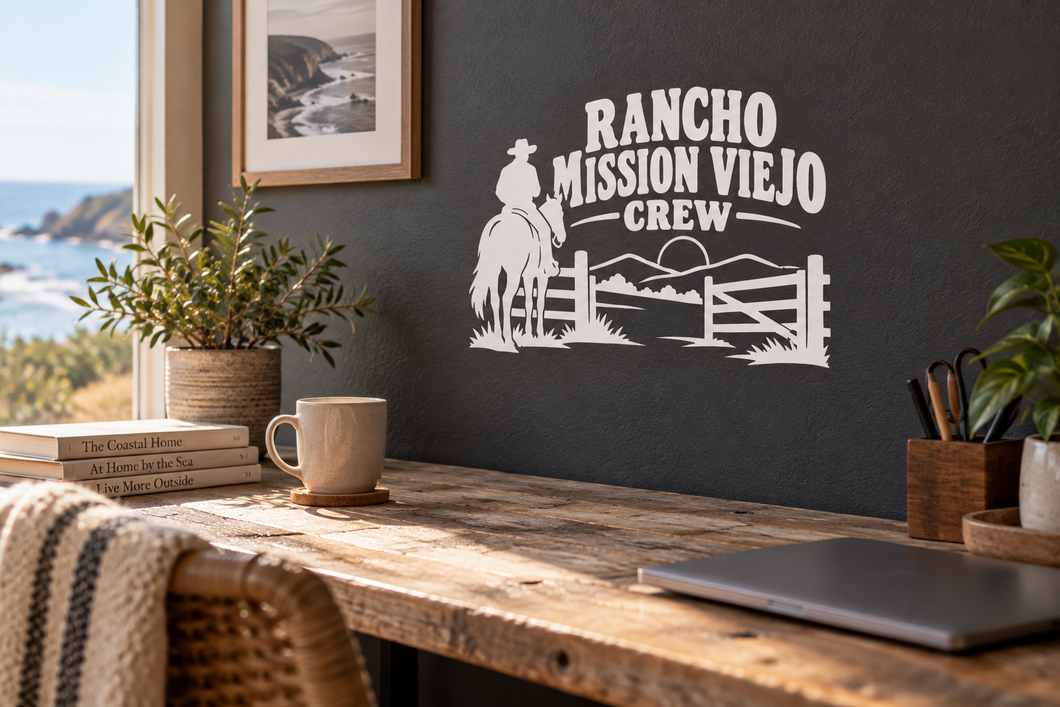White Rancho Mission Viejo Crew vinyl decal with cowboy silhouette and fence landscape graphic