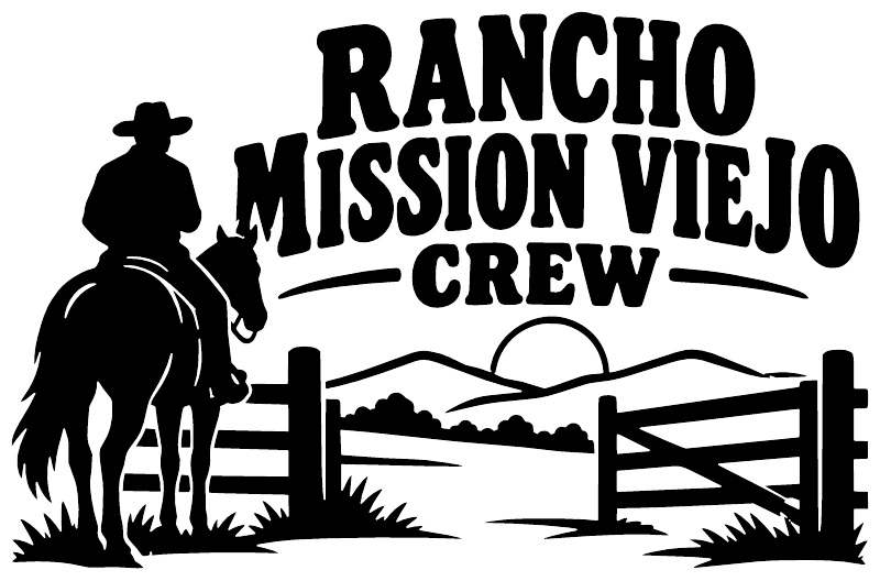 Black Rancho Mission Viejo Crew vinyl decal, large text with ranch fence and cowboy silhouette