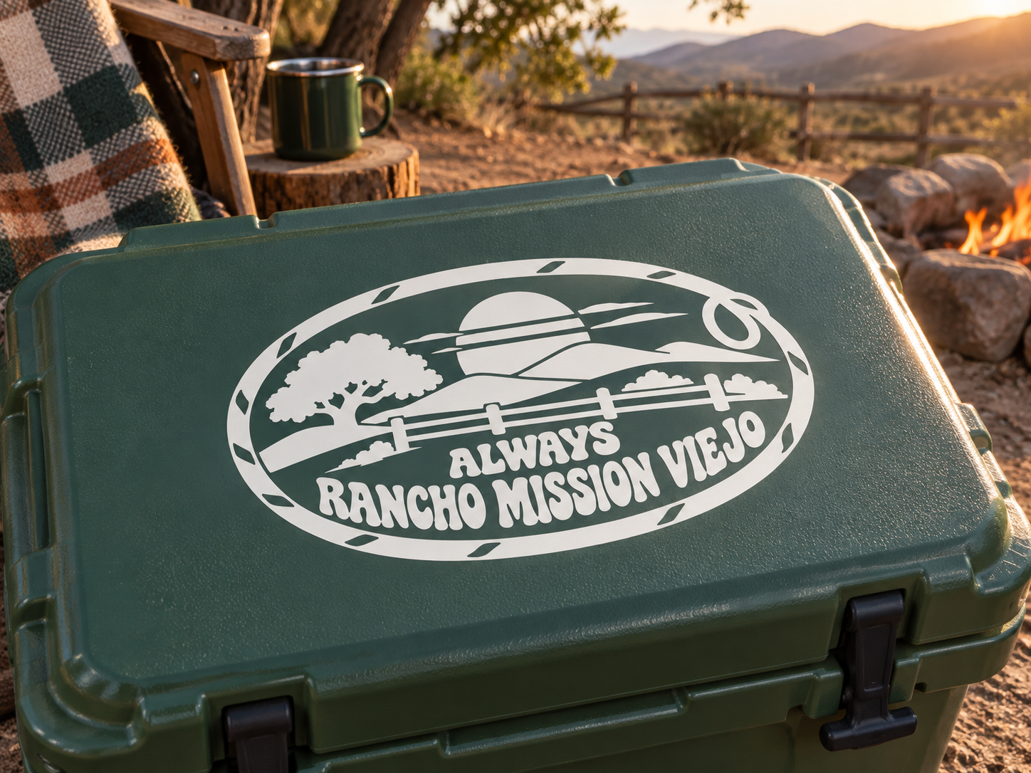 Green vinyl oval decal: ALWAYS RANCHO MISSION VIEJO, trees and horseshoe
