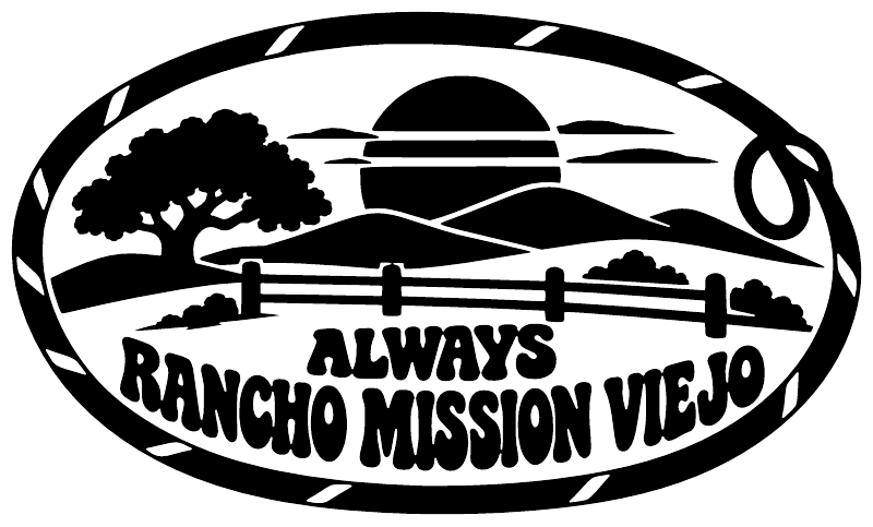 Black-and-white oval vinyl decal: ALWAYS RANCHO MISSION VIEJO with fence and hills