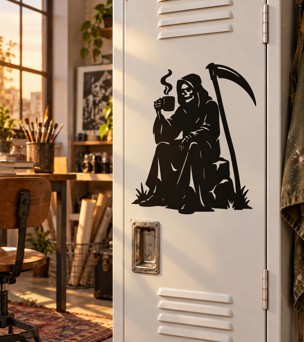Black grim reaper vinyl decal on white door, holding scythe and coffee cup with smoke