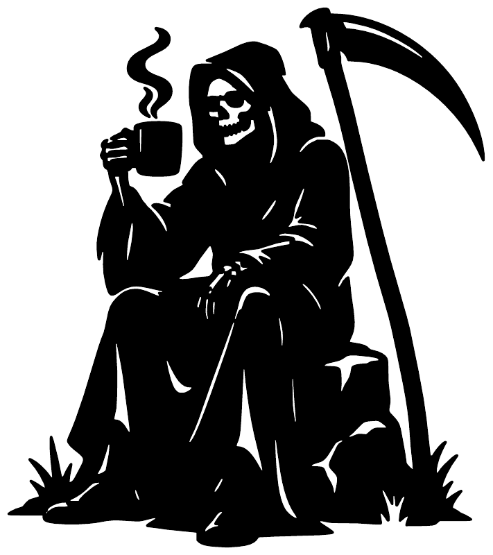 Black grim reaper vinyl decal, sitting with scythe and coffee cup, rising smoke