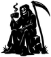 Black grim reaper vinyl decal, sitting with scythe and coffee cup, rising smoke