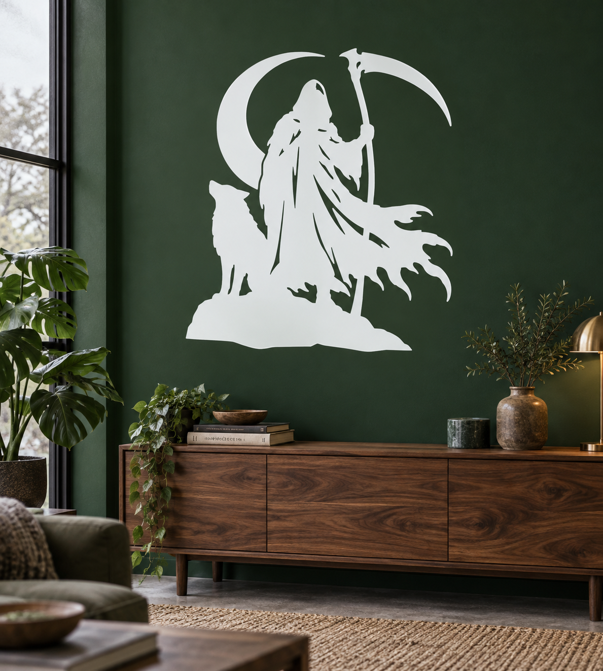 White vinyl scythe guardian decal: hooded reaper holding a scythe, cat companion at base