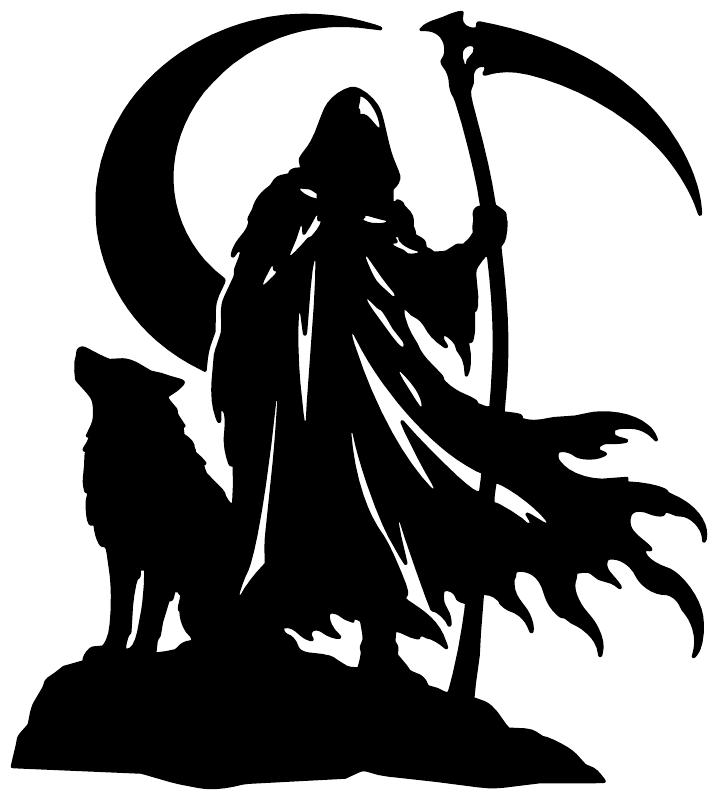 Black vinyl scythe guardian decal: hooded reaper holding a scythe with cat silhouette
