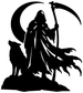Black vinyl scythe guardian decal: hooded reaper holding a scythe with cat silhouette