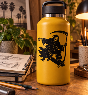Skateboarding Reaper vinyl decal, black reaper on skateboard silhouette