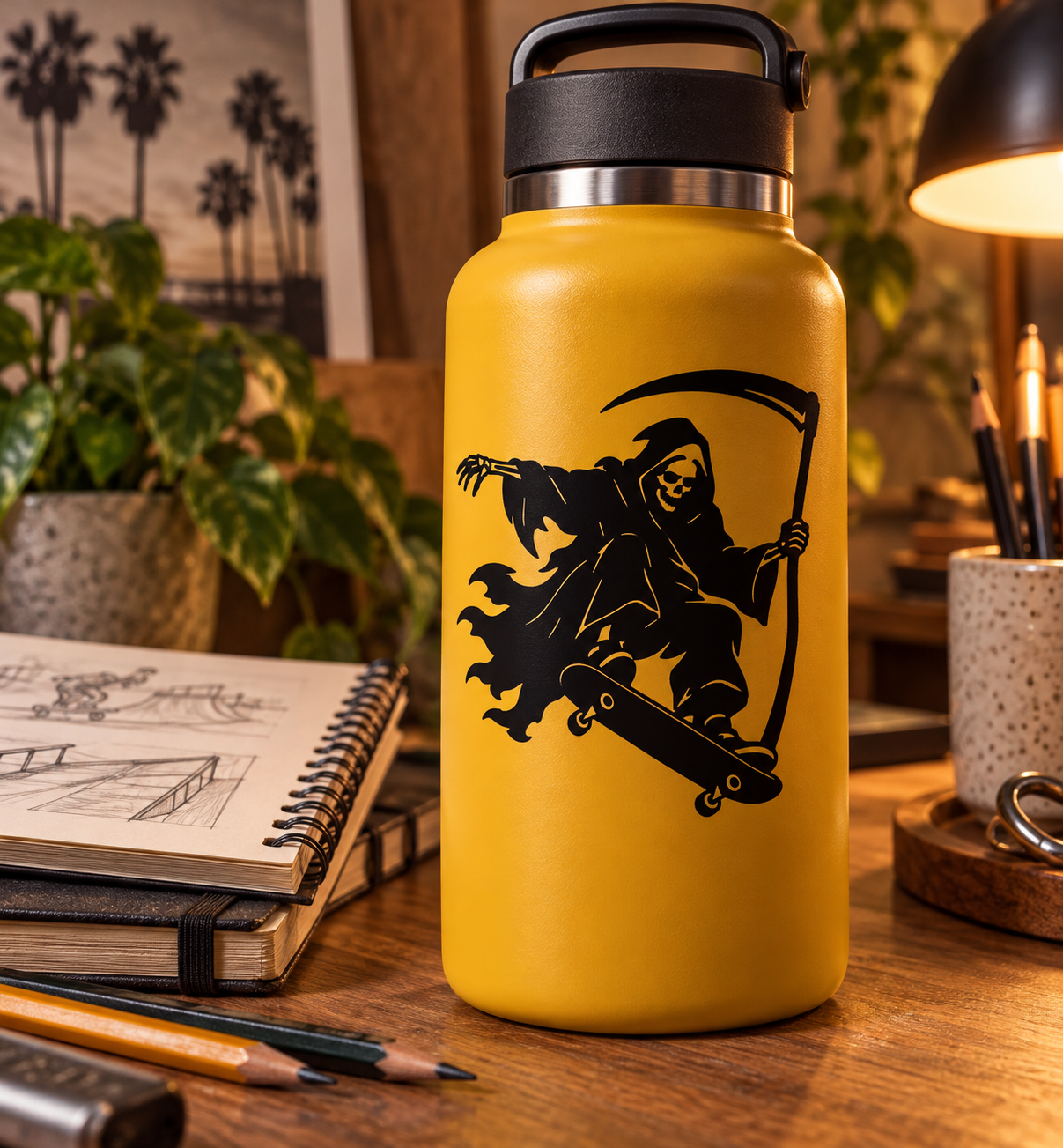 Skateboarding Reaper vinyl decal, black reaper on skateboard silhouette