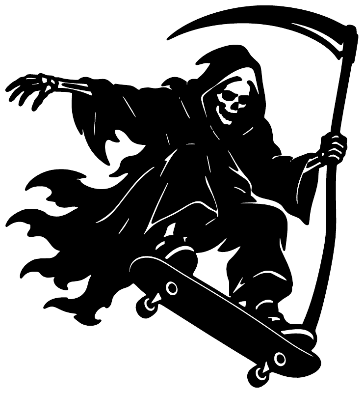 Skateboarding Reaper vinyl decal, black reaper holding scythe and skateboarding