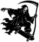 Skateboarding Reaper vinyl decal, black reaper holding scythe and skateboarding