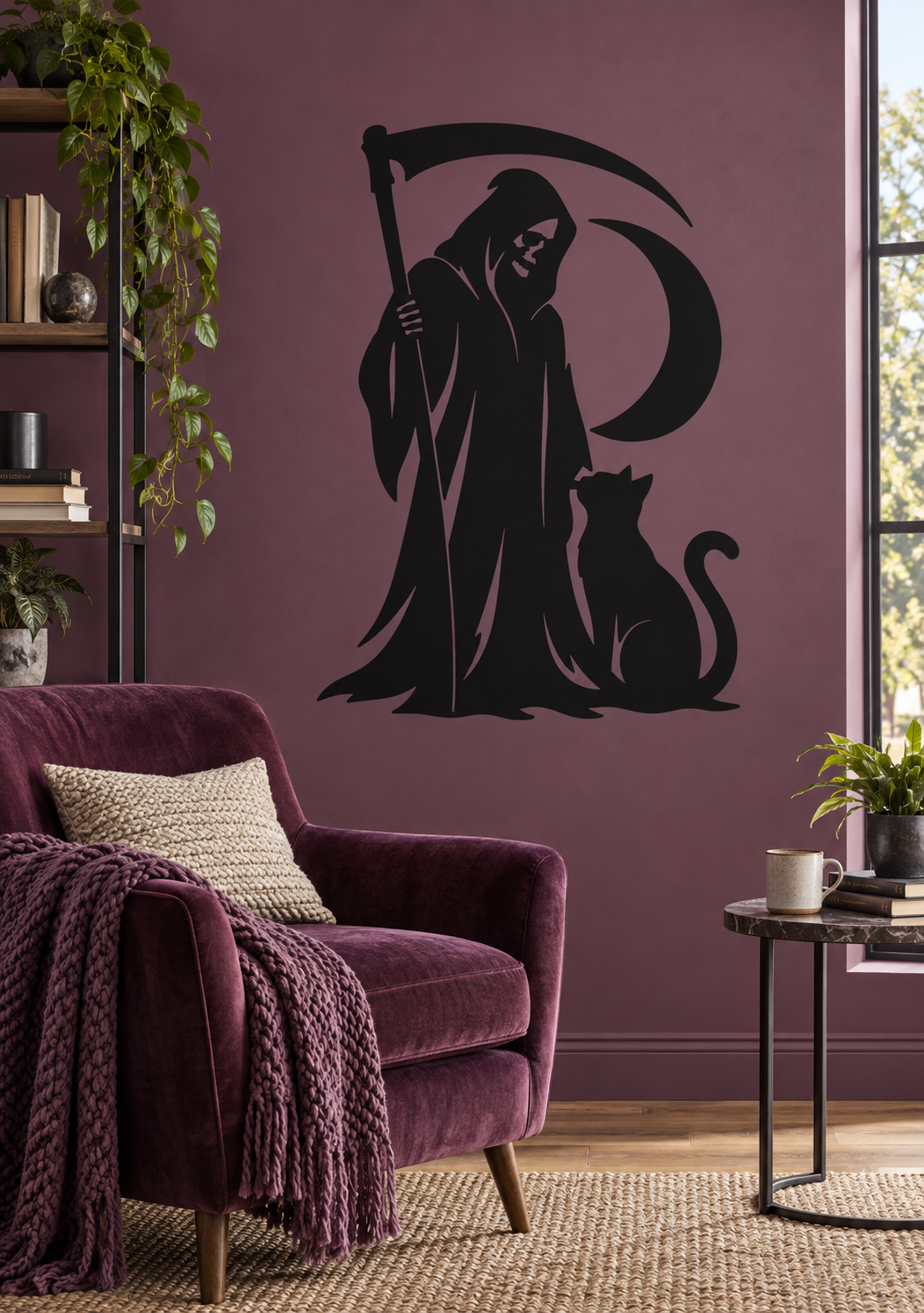 Black vinyl decal of a hooded reaper holding a scythe with a cat silhouette