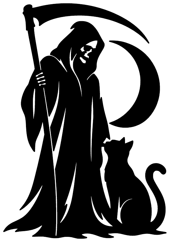 Black vinyl decal of hooded reaper with scythe, cat silhouette, and circular halo