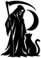 Black vinyl decal of hooded reaper with scythe, cat silhouette, and circular halo