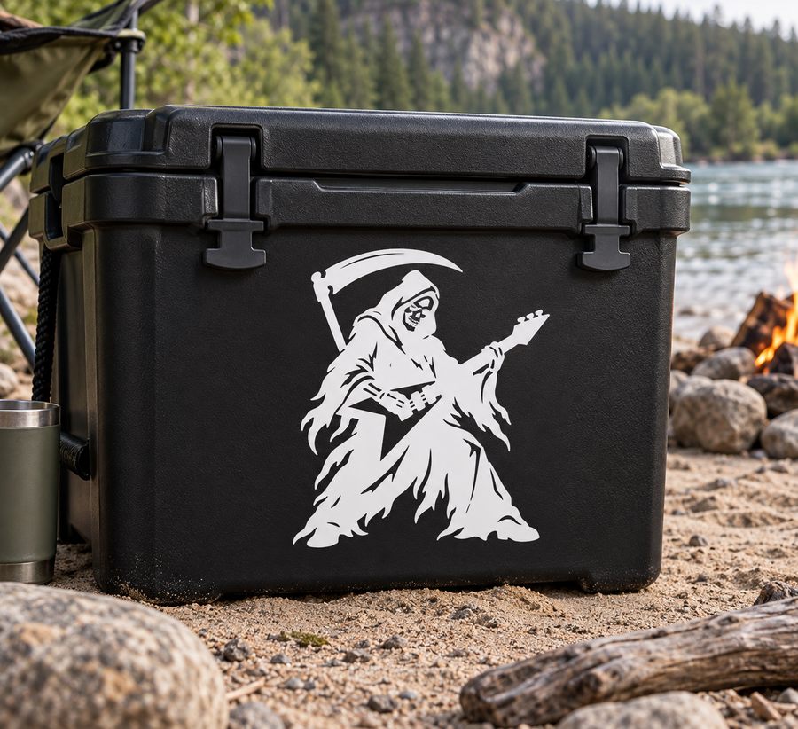 Vinyl decal of a hooded reaper guitarist playing an electric guitar in white on black