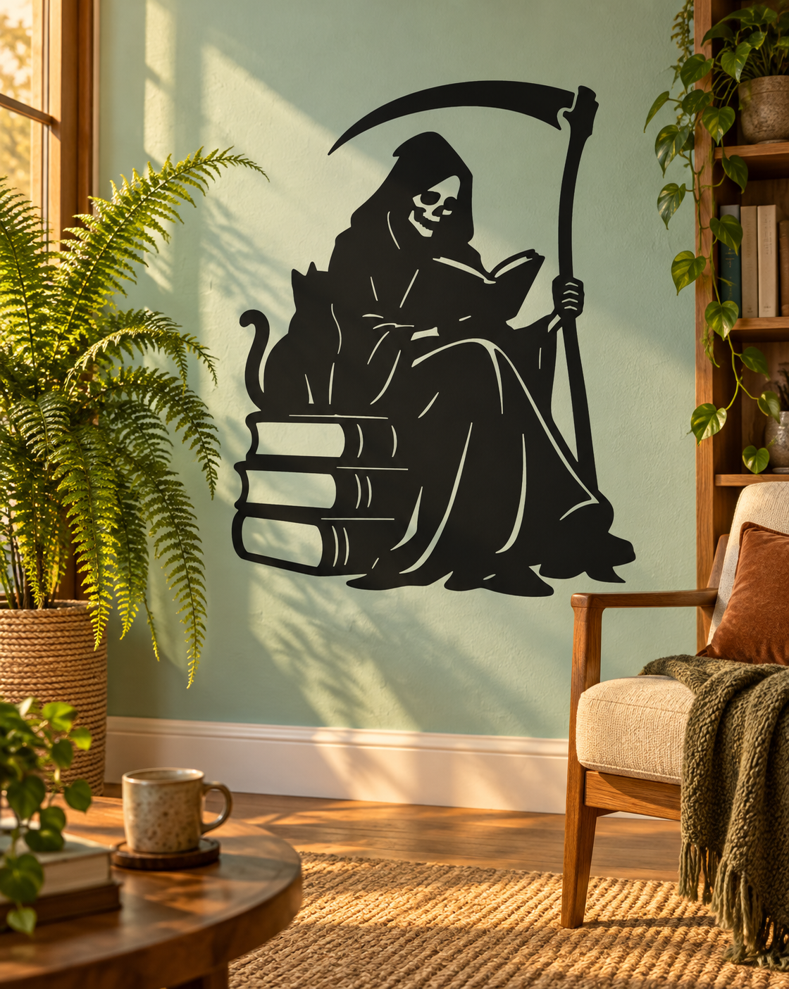 Black hooded reaper vinyl decal reading with scythe and stacked books.