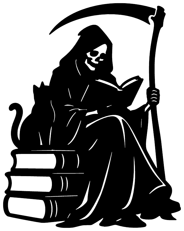 Black vinyl decal of hooded reaper reading, gripping a scythe, with book stack.