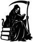 Black vinyl decal of hooded reaper reading, gripping a scythe, with book stack.