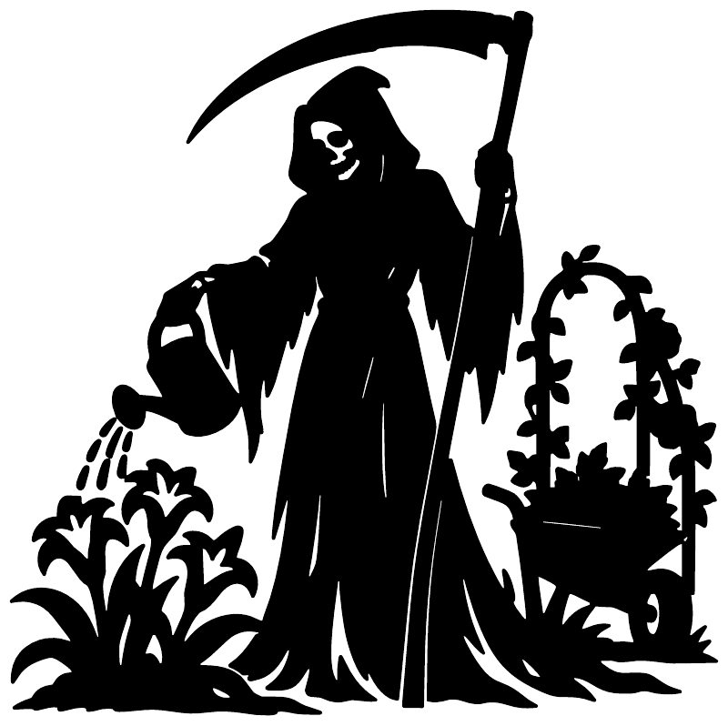 Ghostly reaper vinyl decal silhouette with scythe, hooded figure, and garden foliage