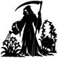 Ghostly reaper vinyl decal silhouette with scythe, hooded figure, and garden foliage